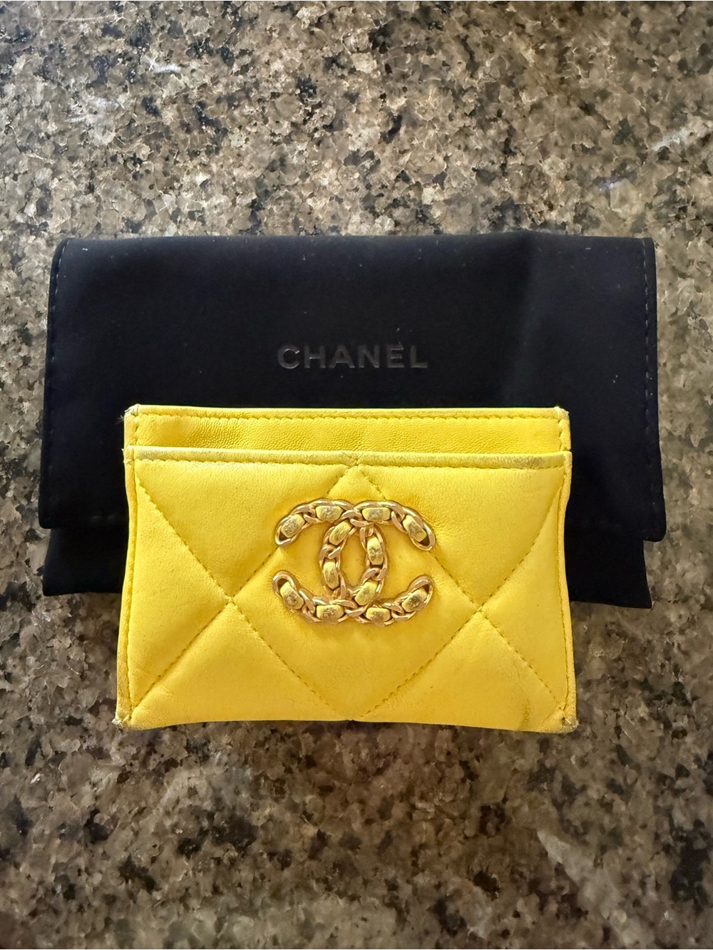 CHANEL Yellow Quilted Card Case with Gold Chain CC